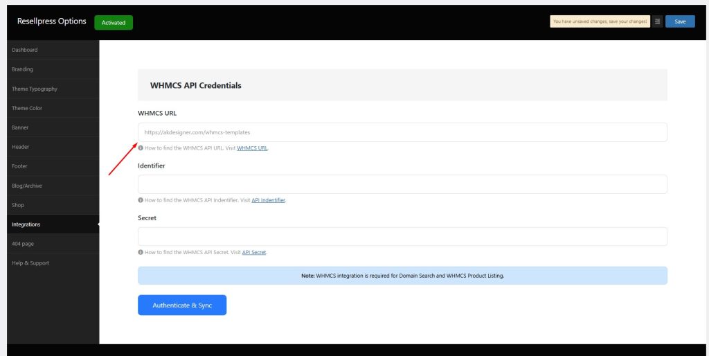 WHMCS API Credentials Page