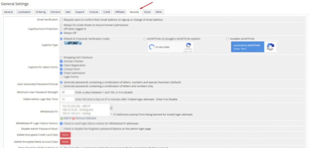 WHMCS Security Settings