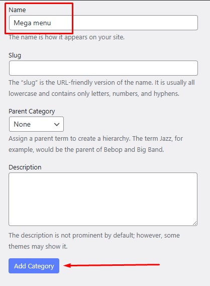 Add Mega Menu Category