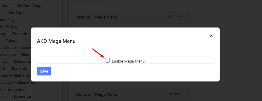 Enable Mega Menu Checkbox