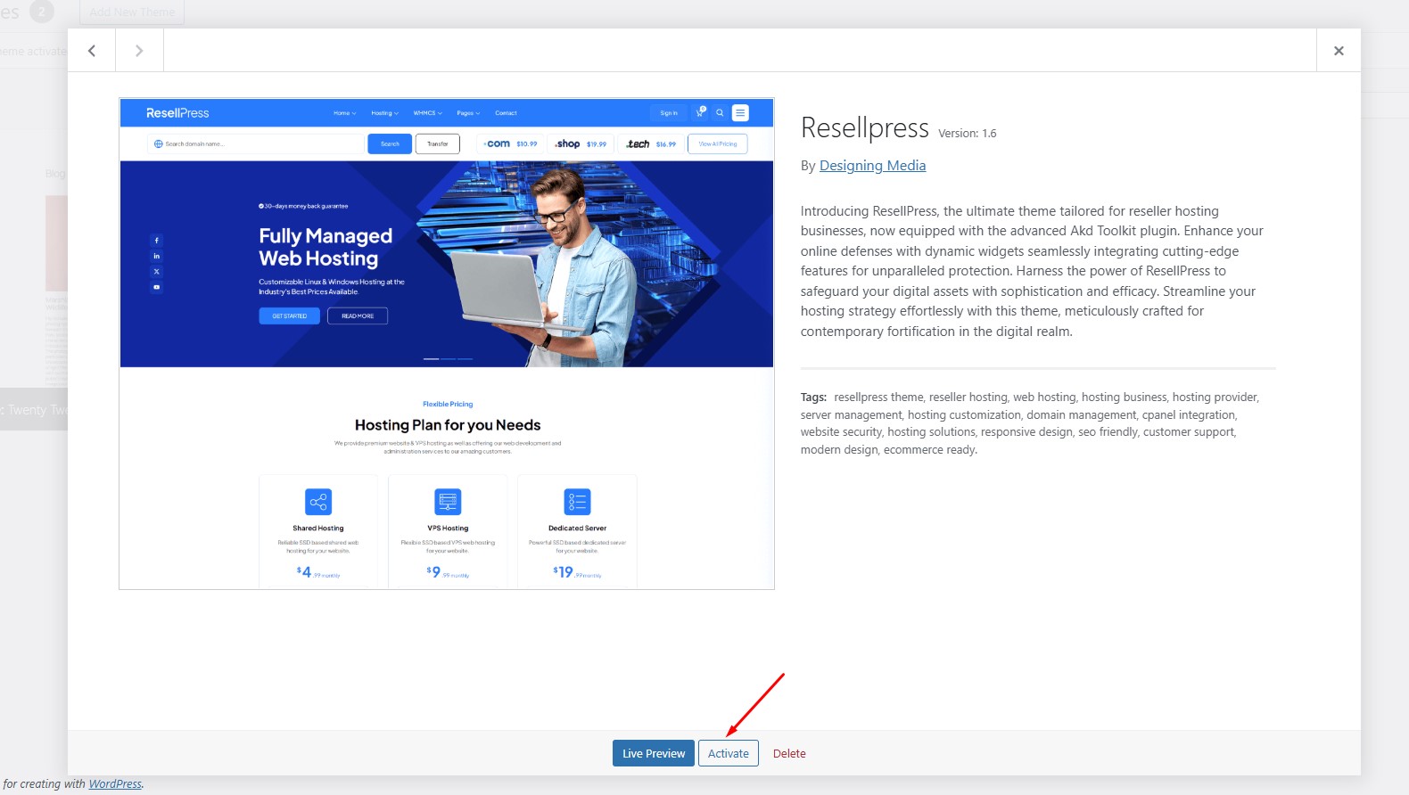 Activate Hostiko Theme