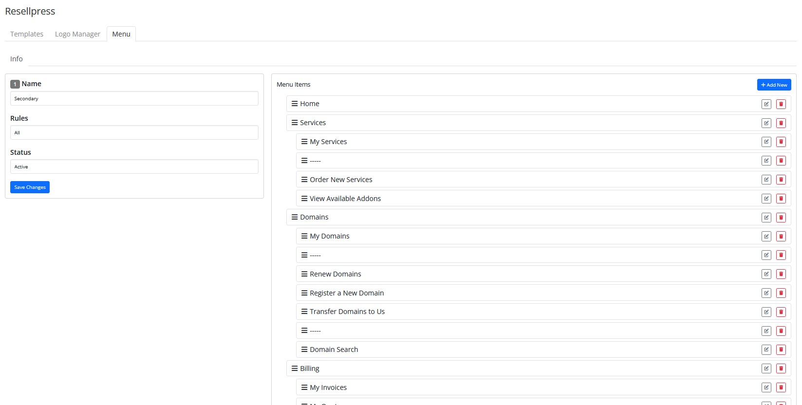 Edit Secondary Menu Items